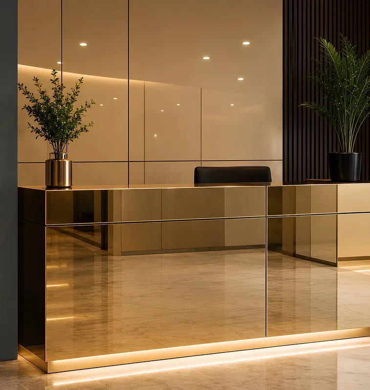 Reception desk in gold satin stainless steel with warm lighting